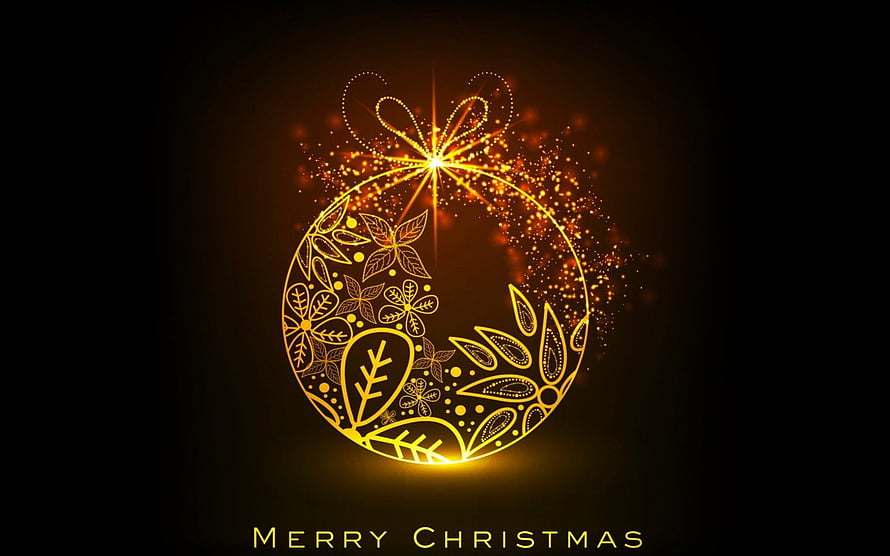 Glowing Golden Christmas Ornament with Floral Patterns and Sparkling Light Effects on Black Background HD wallpaper