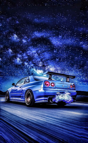 Blue Nissan Skyline R34 GTR drifting under a starry night sky with glowing exhaust flames HD phone wallpaper