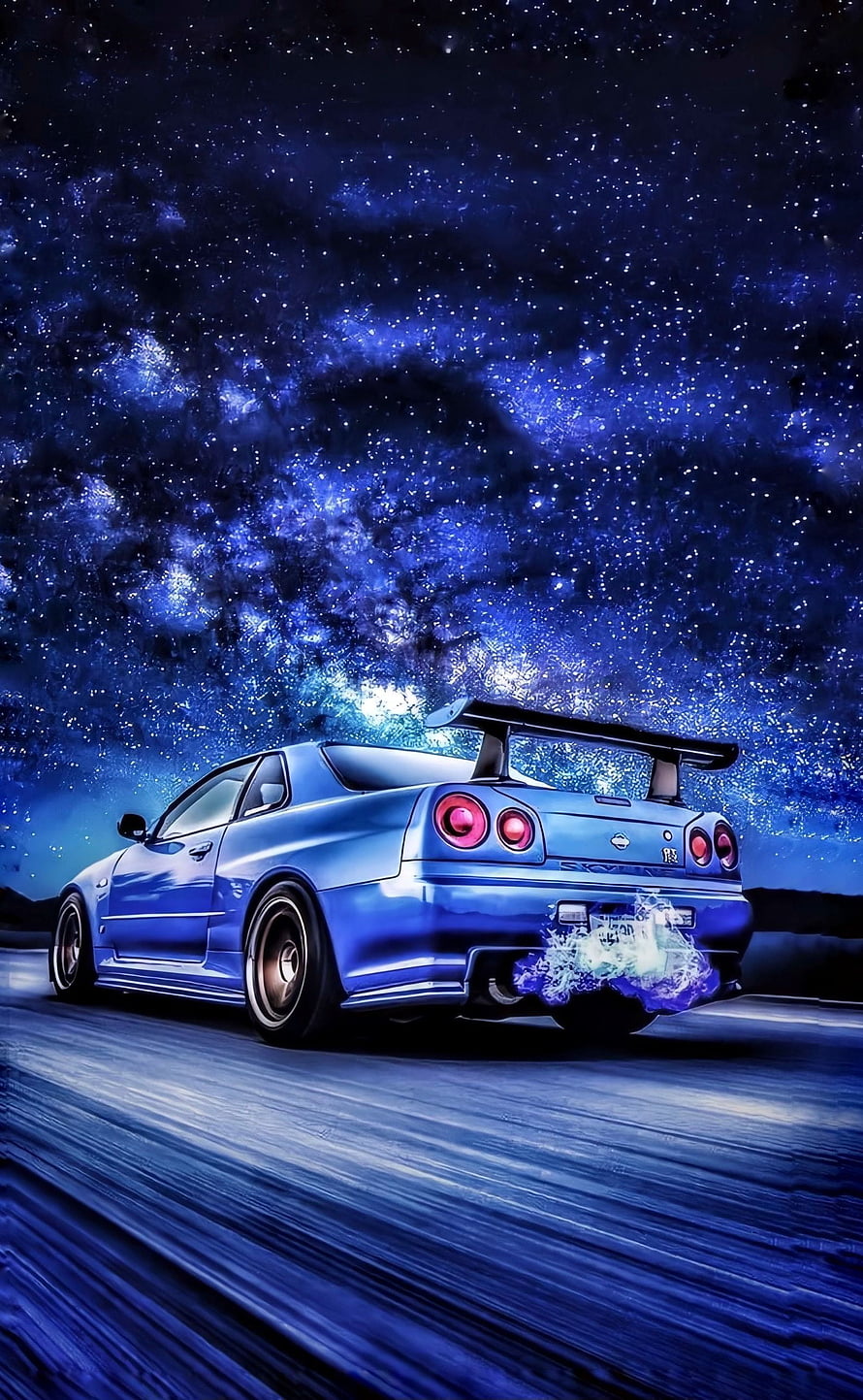Blue Nissan Skyline R34 GTR drifting under a starry night sky with glowing exhaust flames HD phone wallpaper