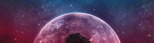 Purple Planet Rising Over Silhouetted Tree in Starry Nebula Sky HD wallpaper