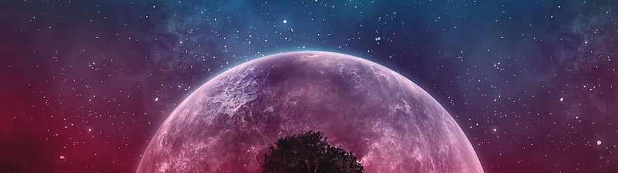 Purple Planet Rising Over Silhouetted Tree in Starry Nebula Sky HD wallpaper