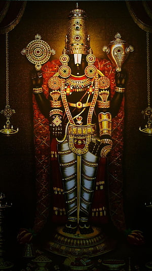 Tirupati Balaji Temple Deity Ornamented in Gold and Red Ceremonial Attire HD phone wallpaper