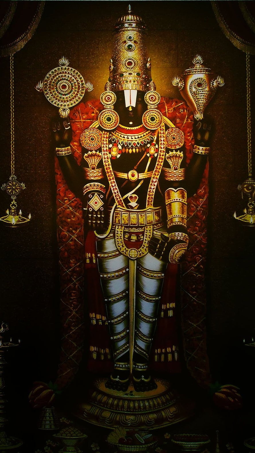 Tirupati Balaji Temple Deity Ornamented in Gold and Red Ceremonial Attire HD phone wallpaper