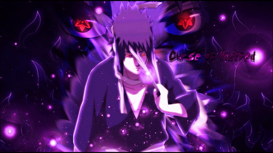 Sasuke Uchiha in Dark Purple Aura with Sharingan Eyes and Chakra Energy HD wallpaper