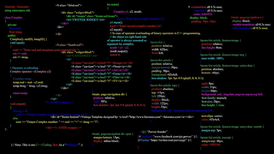 Colorful C++ and CSS Source Code on Dark Background HD wallpaper