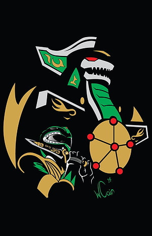 Green Power Ranger and Dragonzord Stylized Vector Art on Black Background HD phone wallpaper