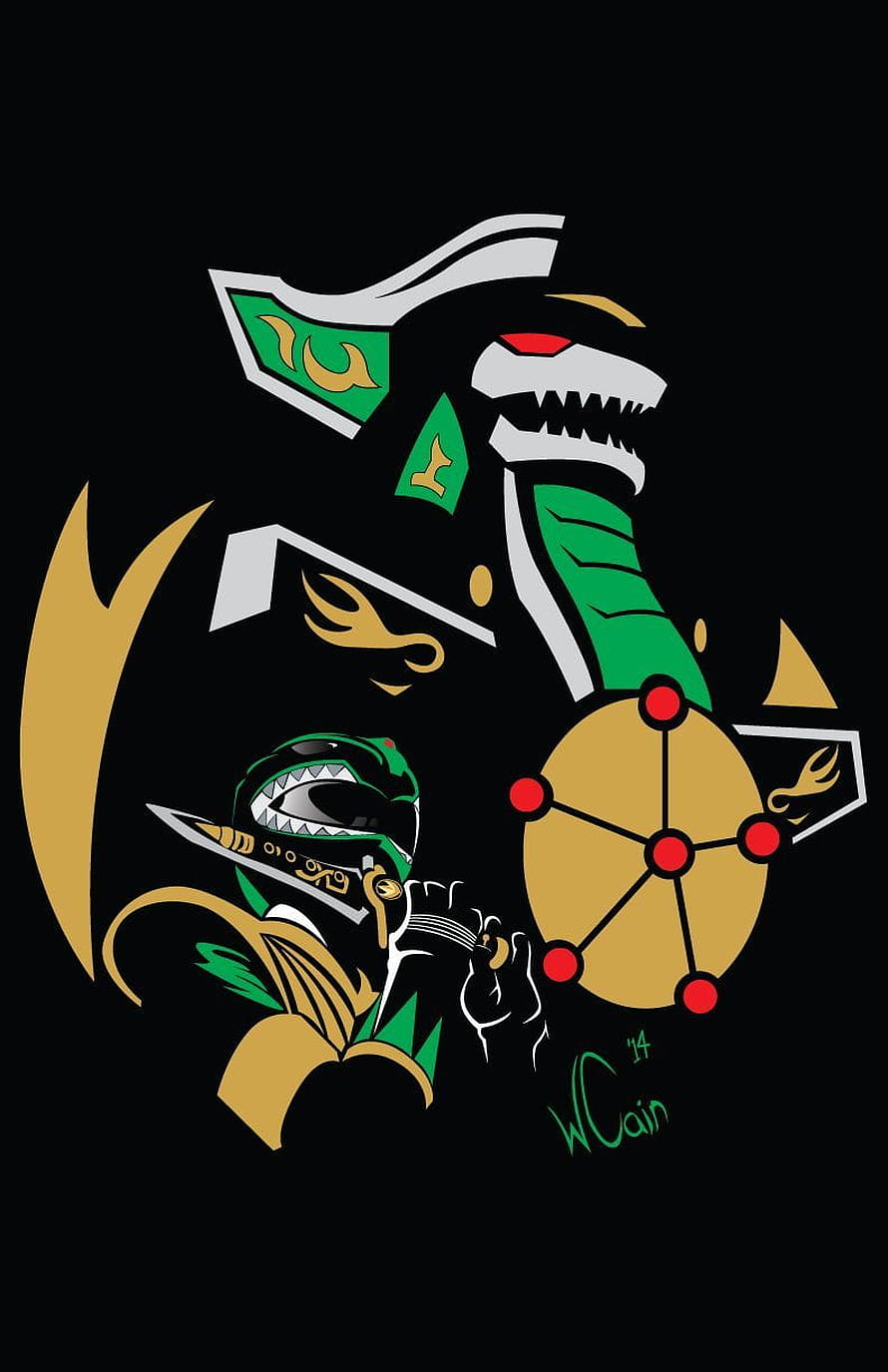 Green Power Ranger and Dragonzord Stylized Vector Art on Black Background HD phone wallpaper