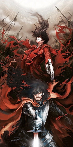 Alucard from Hellsing Ultimate in dramatic red coat wielding sword and pistol amid dark crimson energy HD phone wallpaper