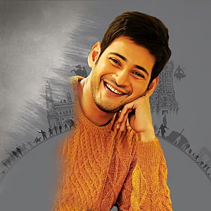 Mahesh Babu smiling portrait in orange sweater with Indian heritage landmarks background HD phone wallpaper