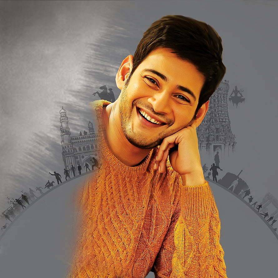 Mahesh Babu smiling portrait in orange sweater with Indian heritage landmarks background HD phone wallpaper