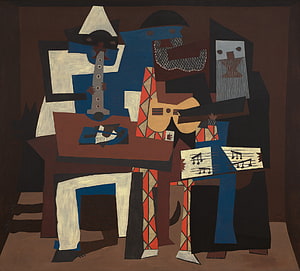 Pablo Picasso Three Musicians Cubist Painting with Guitar and Sheet Music HD wallpaper