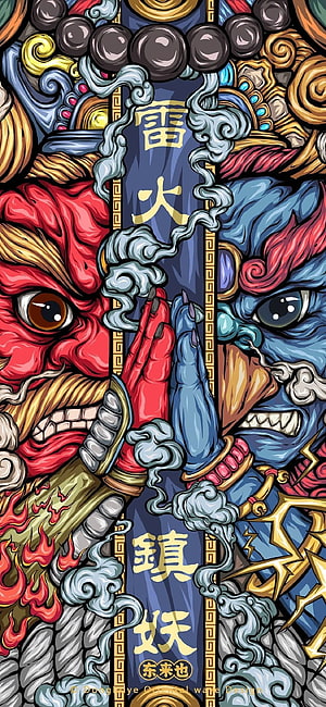 Japanese Oni Demon Illustration with Thunder and Fire Elements HD phone wallpaper