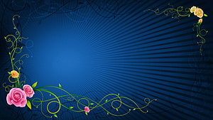 Elegant Floral Frame with Pink and Yellow Roses on Deep Blue Radial Background HD wallpaper