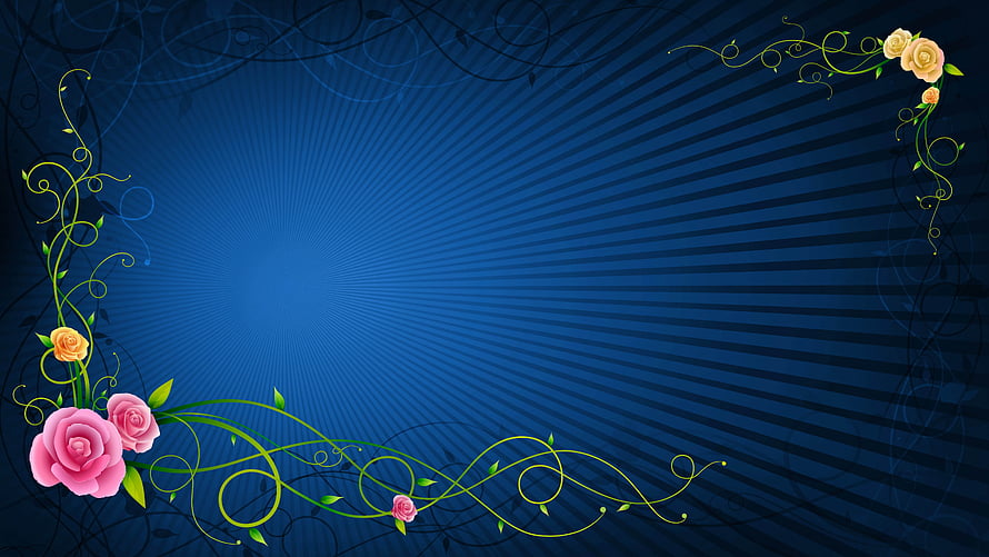 Elegant Floral Frame with Pink and Yellow Roses on Deep Blue Radial Background HD wallpaper