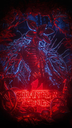 Stranger Things Season 4 Demogorgon Neon Poster with Bicycles and Skulls in Dark Forest HD phone wallpaper