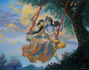 Radha and Krishna on a Flower Garland Swing in a Serene Landscape HD wallpaper