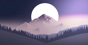 Minimalist Digital Art of Snowy Mountain Peak Under a Full Moon with Pine Forest Silhouette HD wallpaper