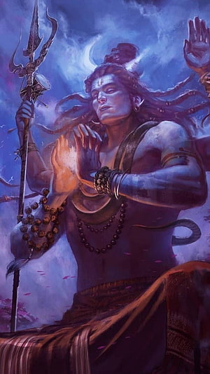 Lord Shiva with Trishula and Rudraksha Beads in Mystical Blue Digital Art HD phone wallpaper