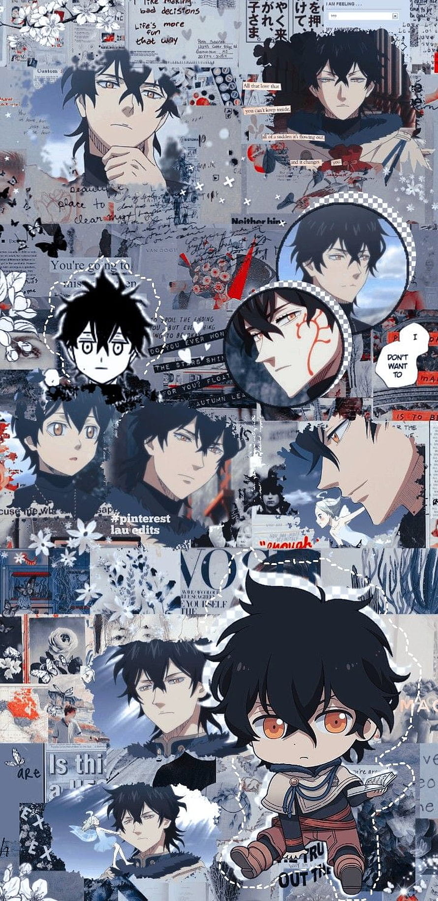 Black Clover Yuno aesthetic collage with chibi character and manga panels HD phone wallpaper