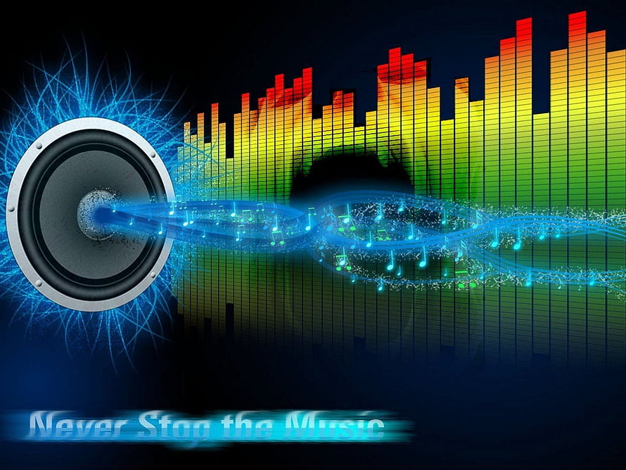 Vibrant Audio Visualizer with Speaker, Music Notes, and Colorful Spectrum Bars HD wallpaper