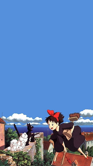 Kiki's Delivery Service: Kiki Flying Over Town with Jiji and Cats HD phone wallpaper