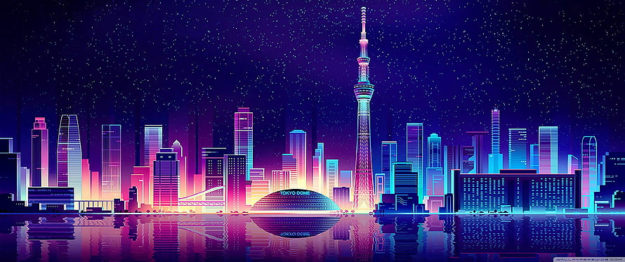 Neon Tokyo Skyline with Tokyo Skytree and Tokyo Dome Under Starry Night HD wallpaper