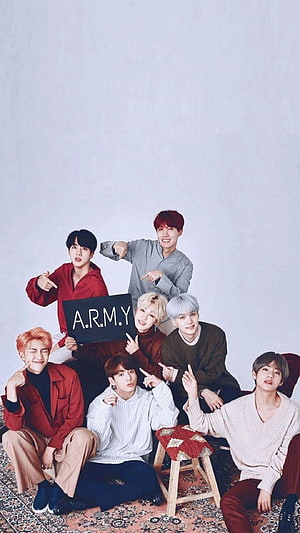 BTS Members Posing Together Holding A.R.M.Y. Sign in Cozy Studio Setting HD phone wallpaper