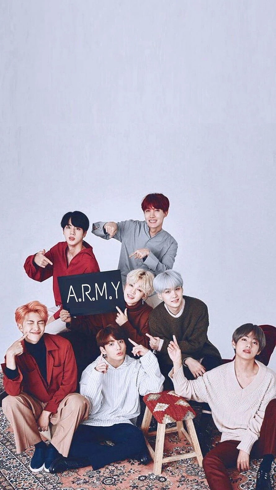 BTS Members Posing Together Holding A.R.M.Y. Sign in Cozy Studio Setting HD phone wallpaper