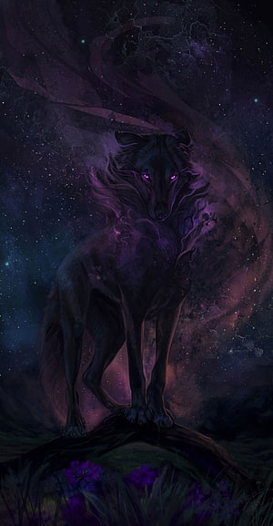 Mystical Black Wolf with Glowing Purple Eyes in Cosmic Nebula Fantasy Art HD phone wallpaper