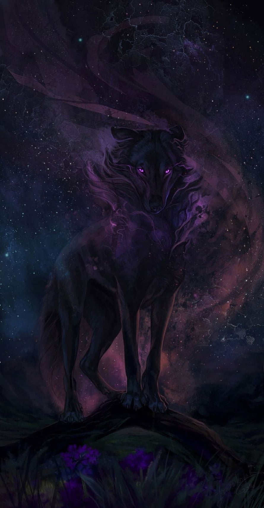 Mystical Black Wolf with Glowing Purple Eyes in Cosmic Nebula Fantasy Art HD phone wallpaper