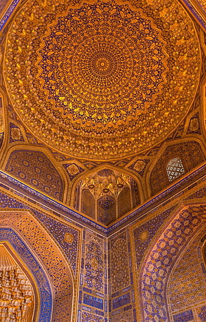 Registan Mosque Dome Interior in Samarkand Uzbekistan with Gold and Blue Islamic Mosaic Patterns HD phone wallpaper
