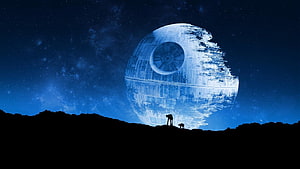 Death Star looming over a dark landscape with two silhouetted figures under a starry night sky HD wallpaper