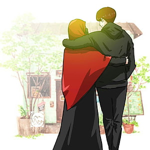 Tender Embrace of a Muslim Couple in Traditional Attire, Anime Style Illustration HD phone wallpaper
