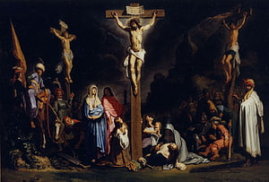 Rembrandt's The Crucifixion of Jesus: Baroque Oil Painting with Dramatic Chiaroscuro and Mourners HD wallpaper