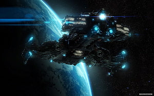 Starcraft 2 Terran Battlecruiser Spacecraft Orbiting a Blue Planet in Deep Space HD wallpaper
