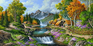 Idyllic Countryside Cottage Village With Waterfall And Mountain Landscape Painting HD wallpaper