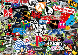 Retro Video Game Logo Sticker Bomb Collage Featuring Nintendo, Sega, PlayStation, and Classic Franchise Icons HD wallpaper
