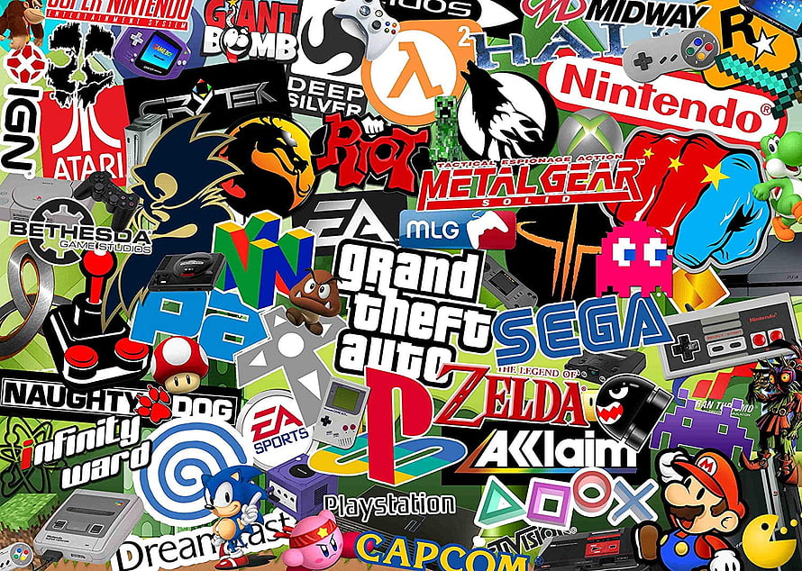 Retro Video Game Logo Sticker Bomb Collage Featuring Nintendo, Sega, PlayStation, and Classic Franchise Icons HD wallpaper