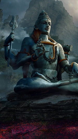 Lord Shiva Meditating on a Misty Mountain Peak with Trishula and Serpent HD phone wallpaper