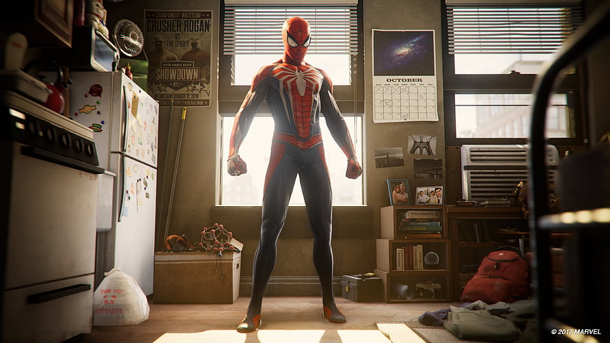 Spider-Man in his apartment wearing the red and blue suit with a boxing poster on the wall HD wallpaper