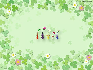 Pikmin Characters Standing in a Garden with Green Leaves and Flowers HD wallpaper