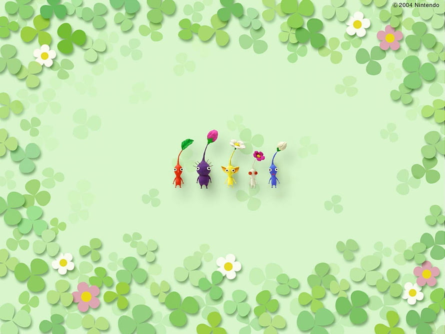 Pikmin Characters Standing in a Garden with Green Leaves and Flowers HD wallpaper