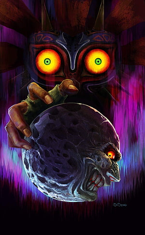 Skull Kid Holding a Moon with a Face in Dark Fantasy Art Style HD phone wallpaper
