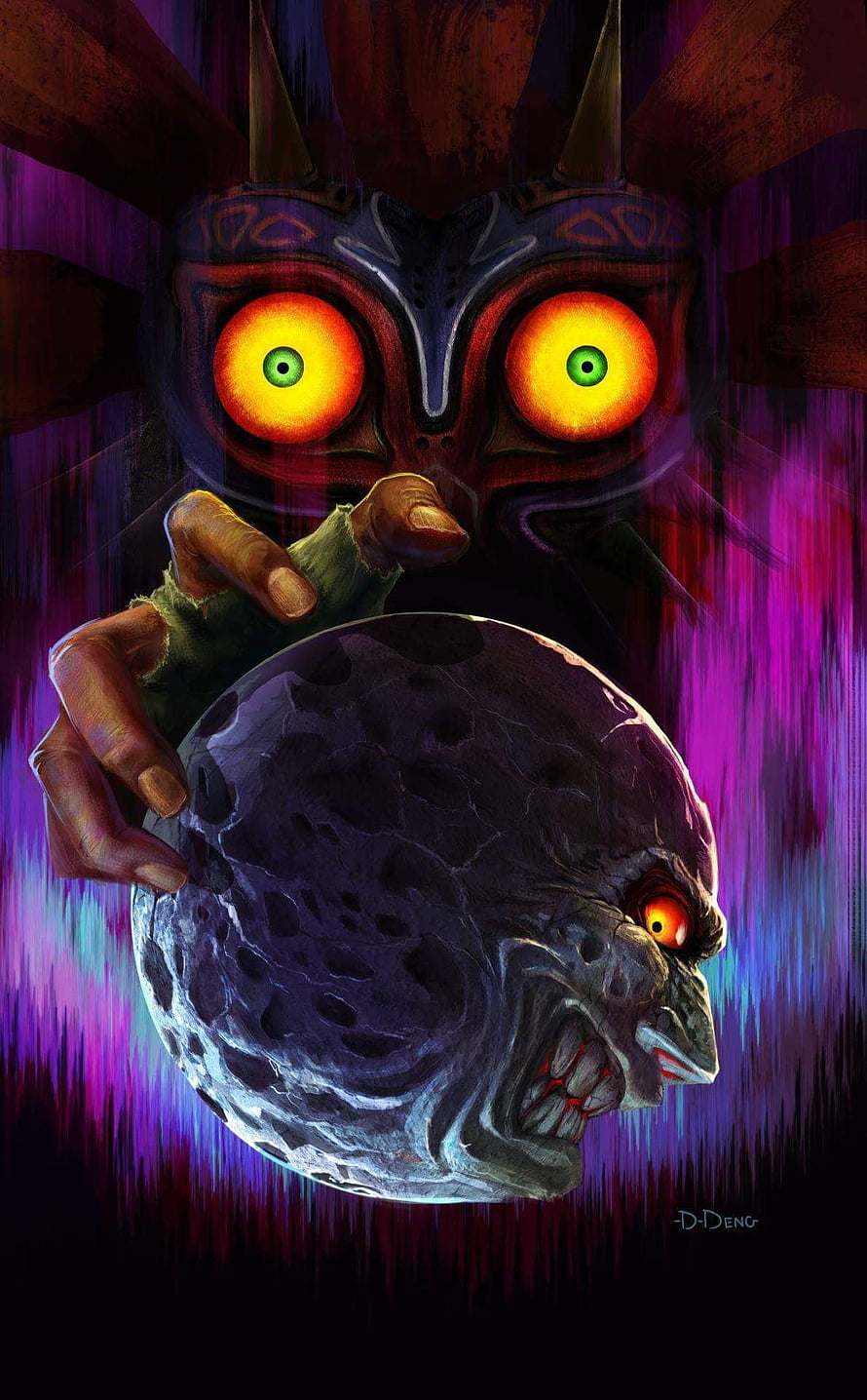Skull Kid Holding a Moon with a Face in Dark Fantasy Art Style HD phone wallpaper