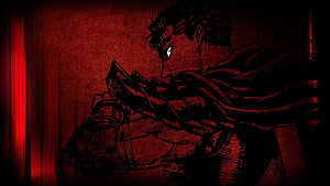 Berserk Guts Dark Red Manga Style Illustration with Sword and Cape HD wallpaper