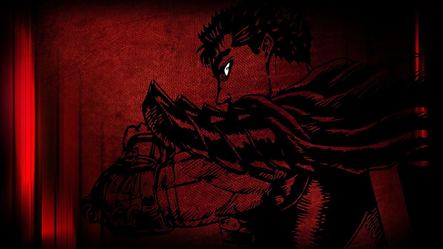 Berserk Guts Dark Red Manga Style Illustration with Sword and Cape HD wallpaper