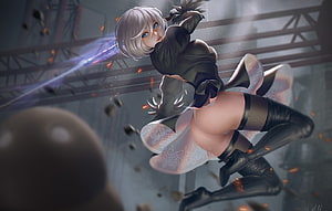 2B from NieR: Automata in dynamic combat pose with energy blade and industrial backdrop HD wallpaper