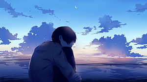 Melancholic Anime Boy Sitting Alone at Dusk by the Water Under a Crescent Moon HD wallpaper