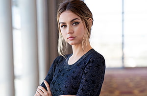 Ana de Armas Portrait in Dark Knit Top with Crossed Arms HD wallpaper