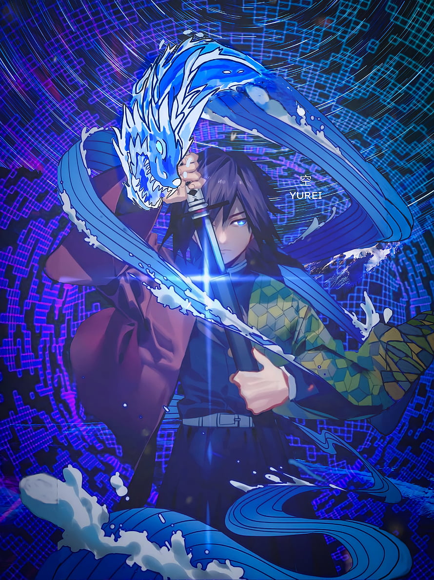 Giyu Tomioka Water Breathing Demon Slayer Anime Illustration with Blue Dragon and Neon Background HD phone wallpaper